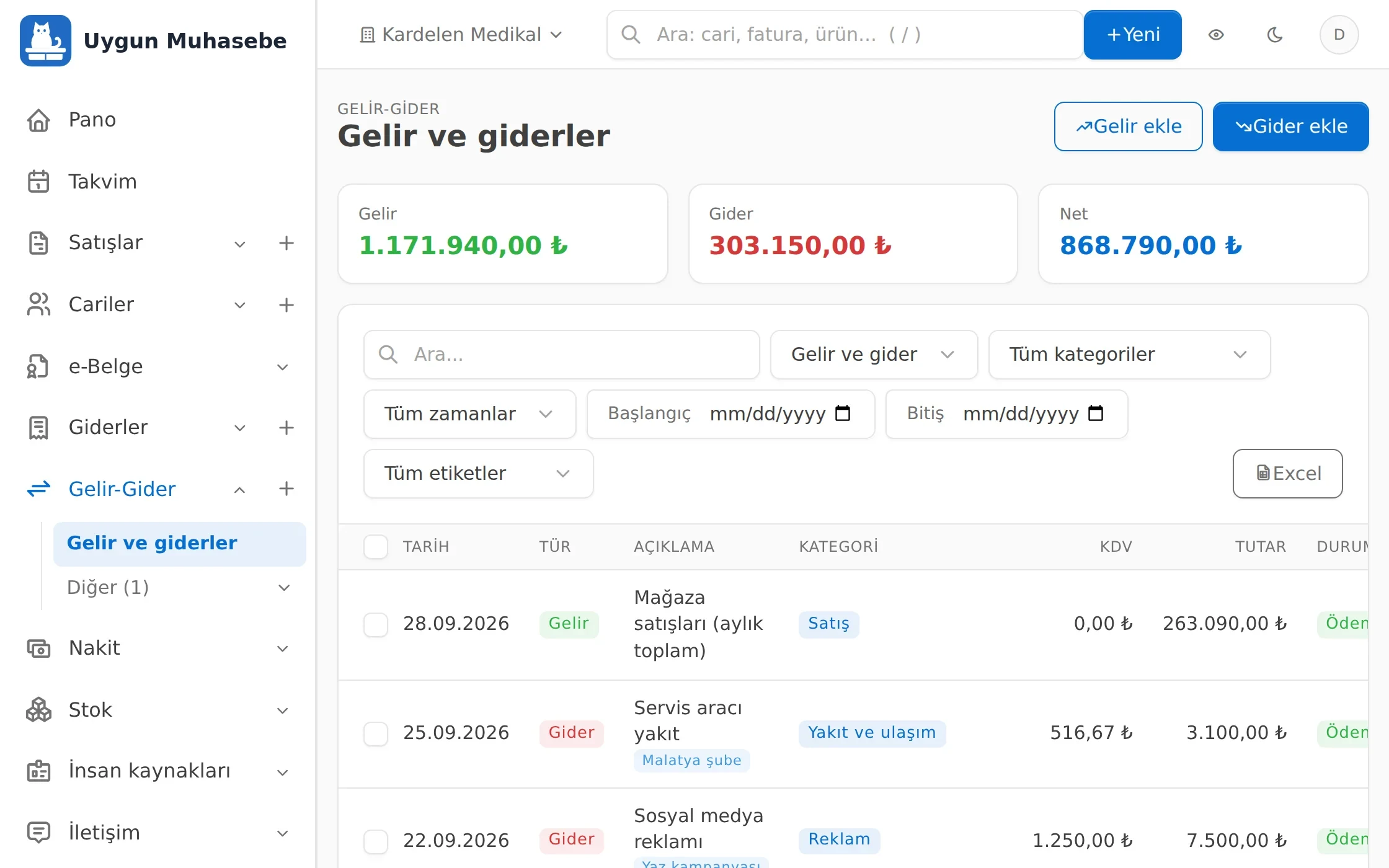 Uygun Muhasebe Gelir ve gider ekranı