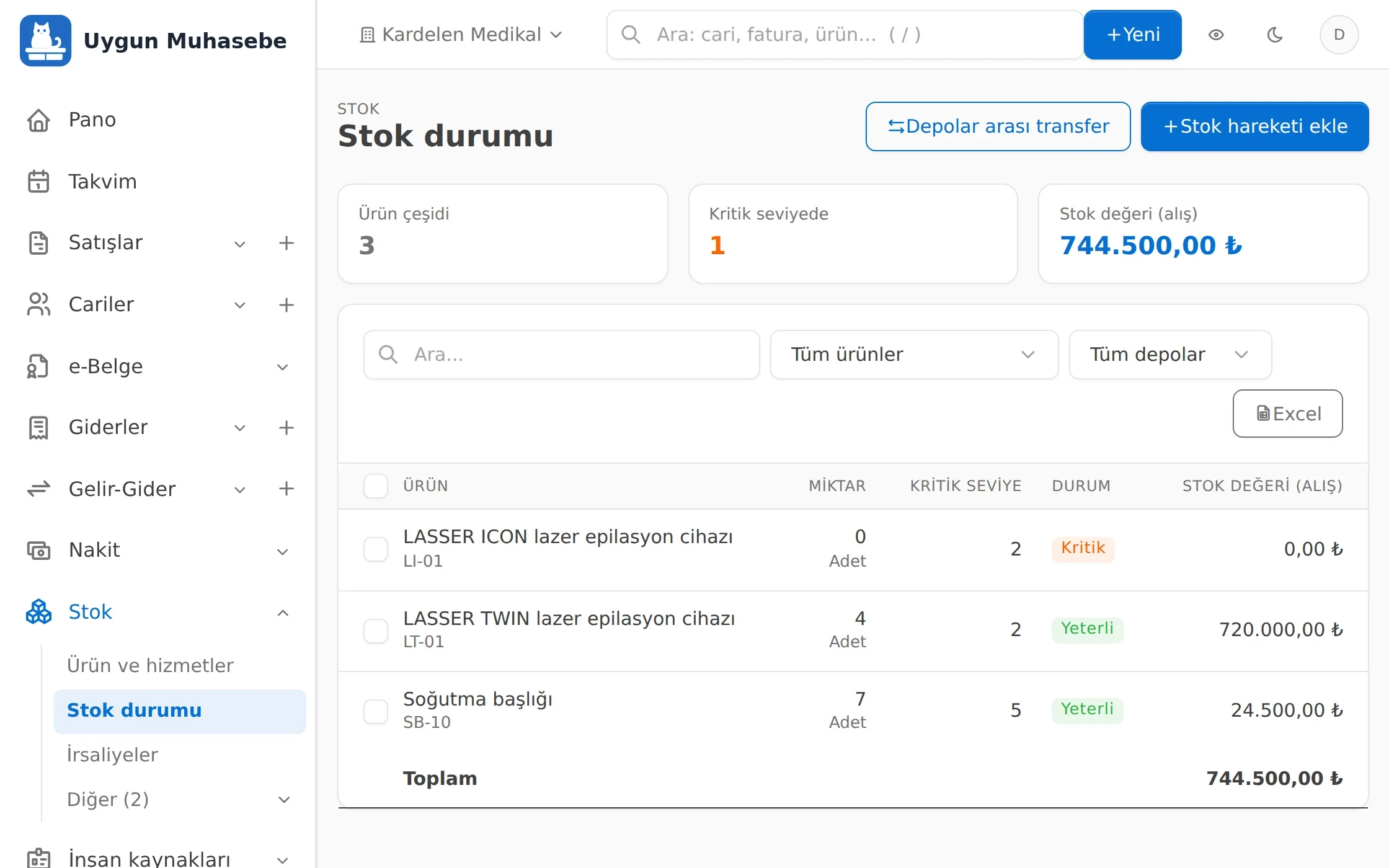 Uygun Muhasebe Stok ekranı
